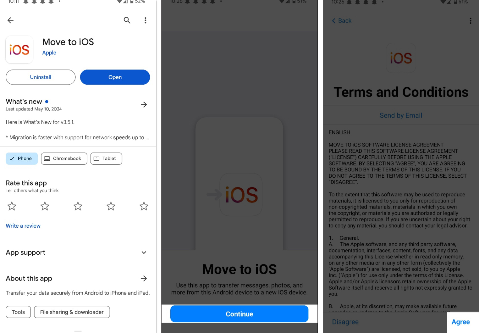 Installing Move to iOS app on Android and agreeing to its terms and conditions.