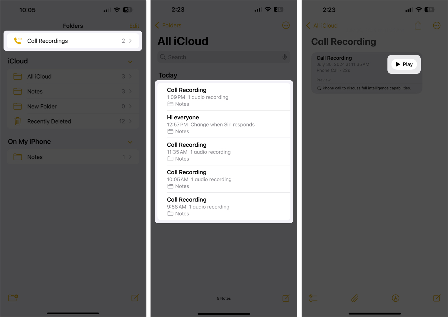 Playing a call recording under the Call Recordings folder in the Notes app on an iPhone.