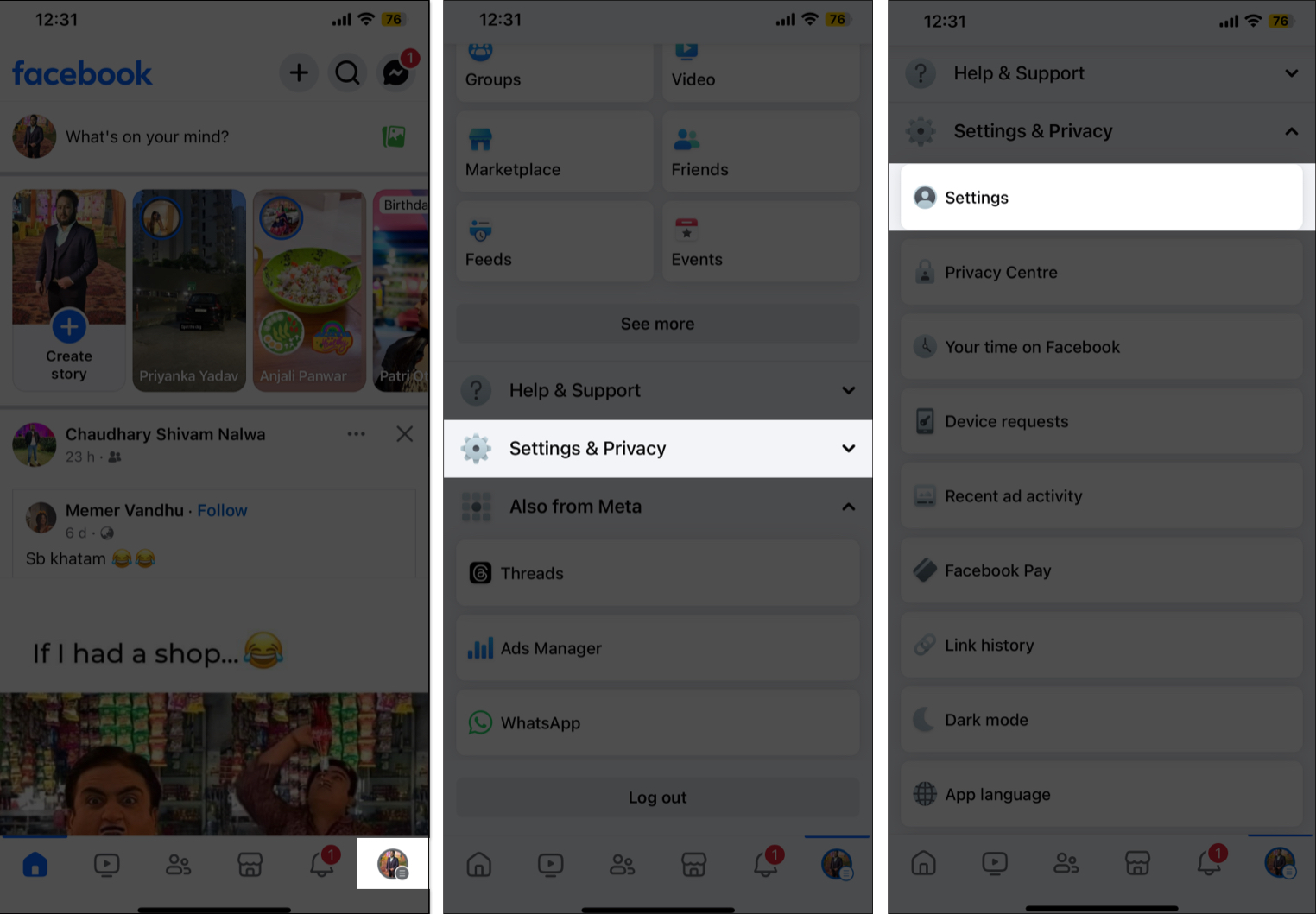 Open Settings and Privacy in Facebook app on iPhone