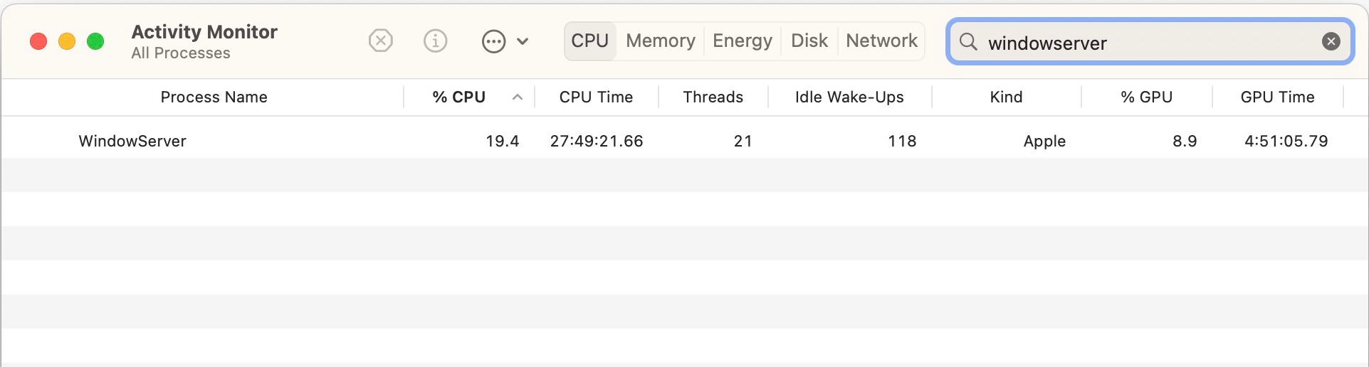 Search result for the WindowServer process in the Mac Activity Monitor app.