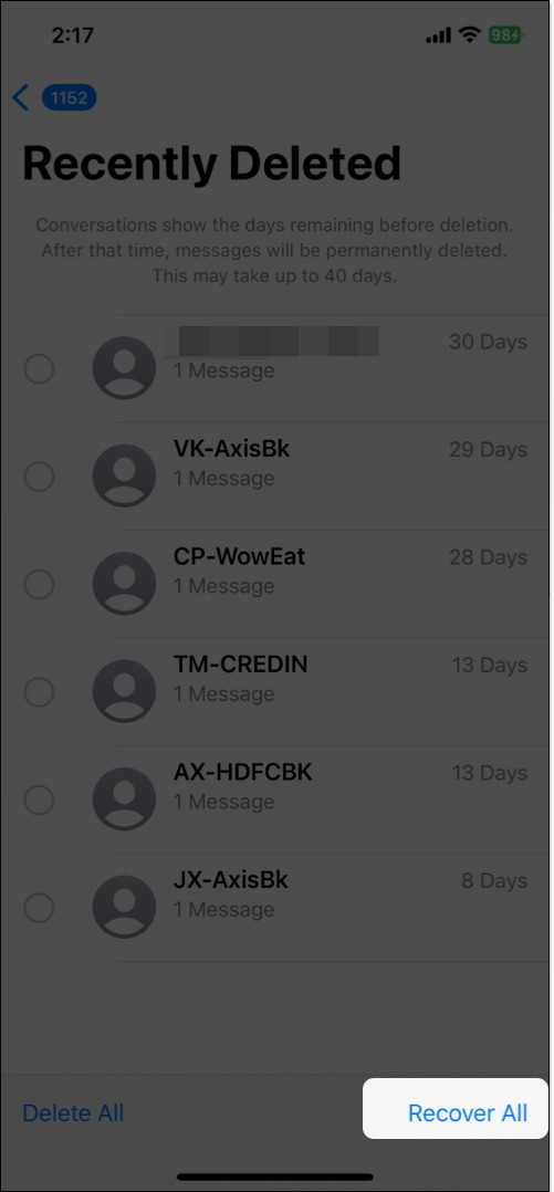 Recover All button on the Recently Deleted page in the iPhone Messages app.