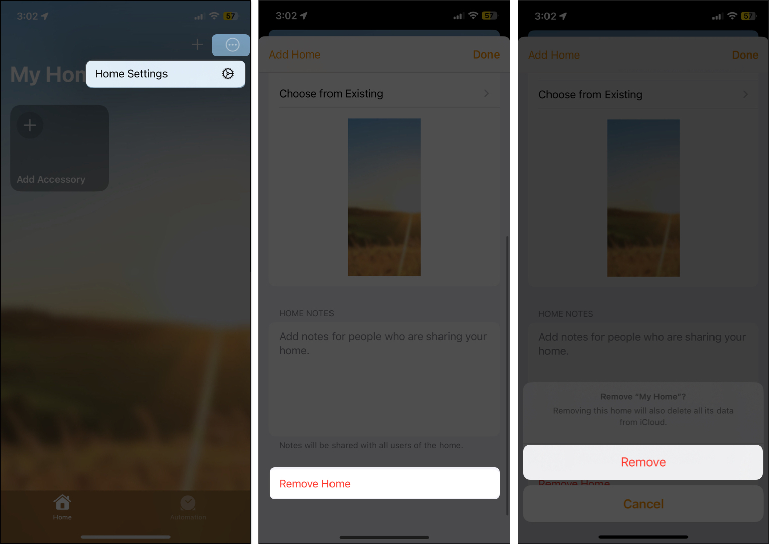 Apple Home app settings and option to remove a home on an iPhone.