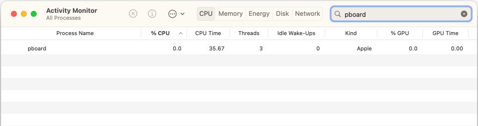 Search result for the pboard process in the macOS Activity Monitor app.