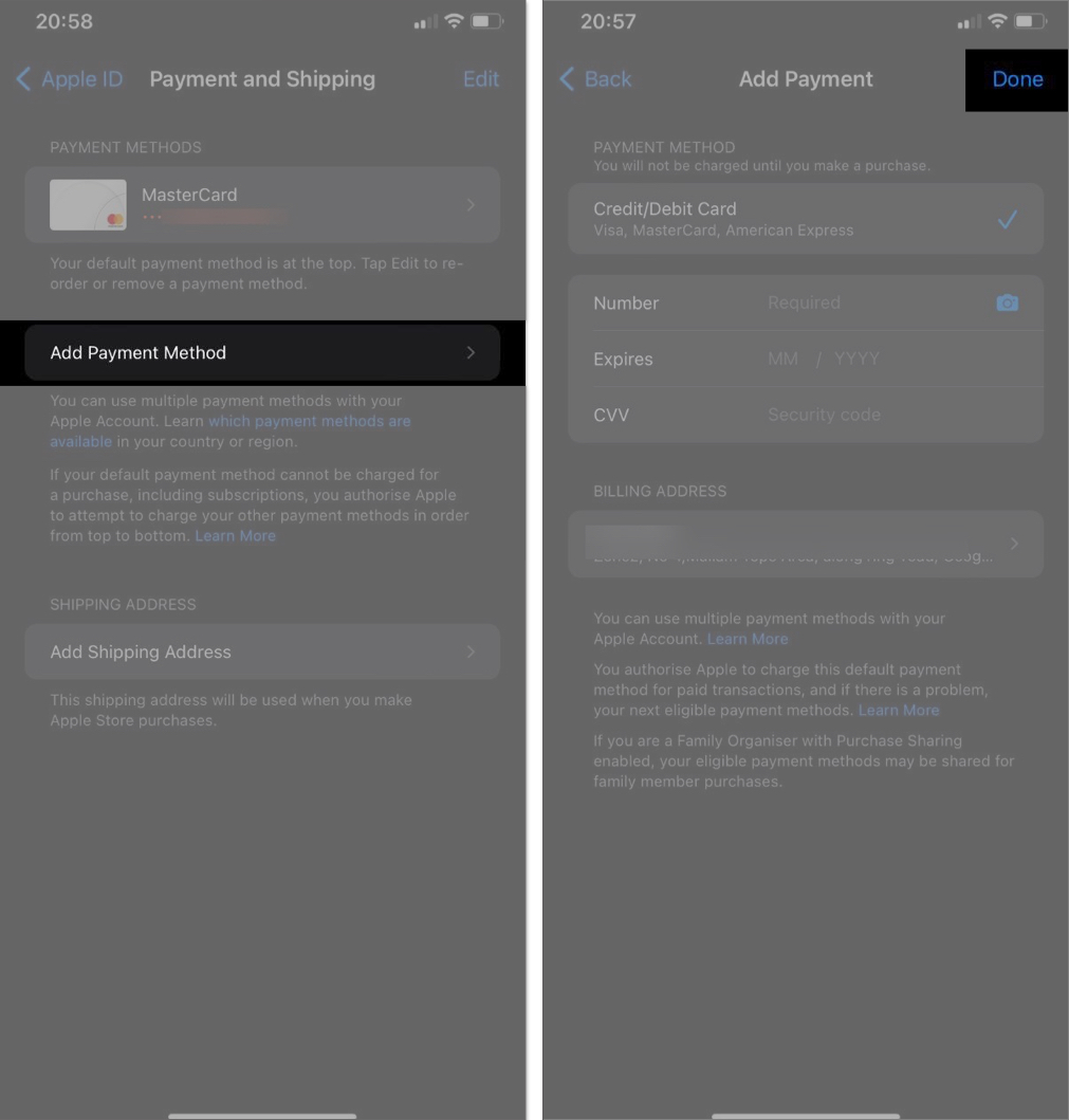 Add Payment Method option under Payment and Shipping page on iPhone Settings app.