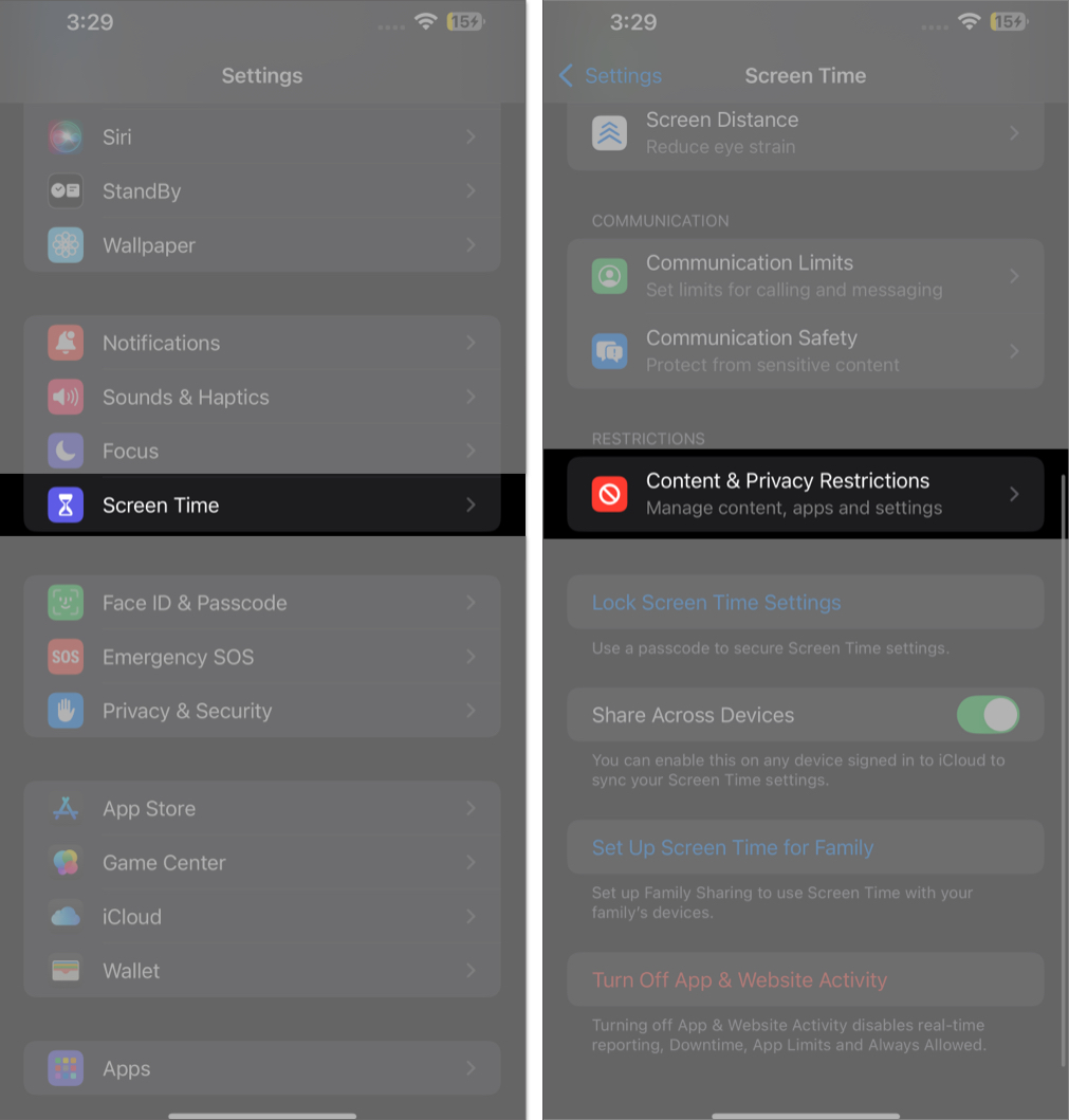Content & Privacy Restrictions option under Screen Time settings on an iPhone.