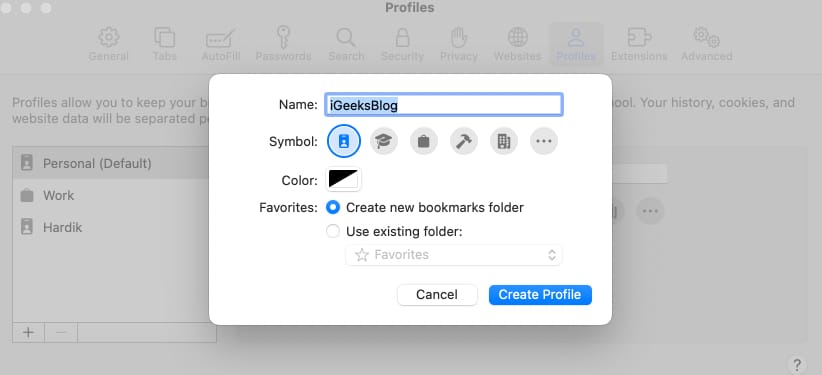 Select Create Profile in Safari on Mac