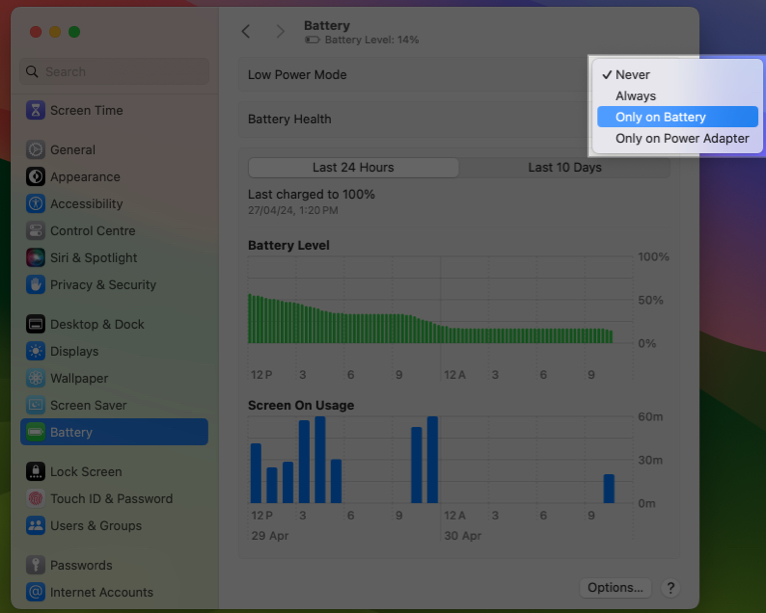 Select Only on Battery from Low Power Mode options