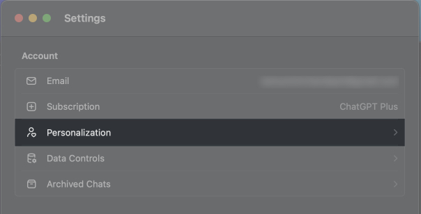 Select Personalization to customize ChatGPT app on Mac