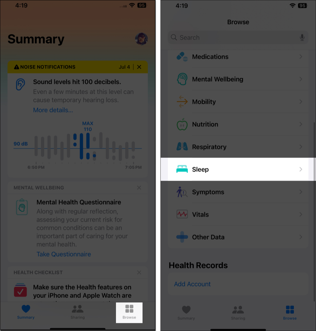 Select Sleep in Health App on iPhone