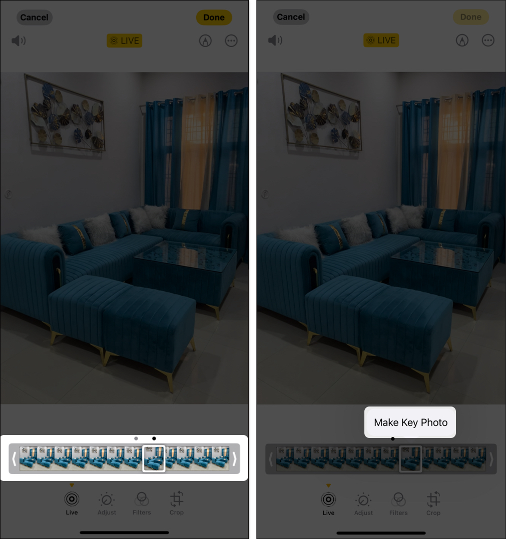 Selecting key frame for a Live Photo in iPhone Photos app.