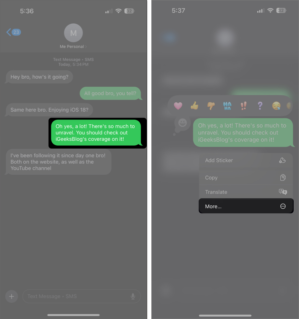 More option on a selected message in the iPhone Messages app.
