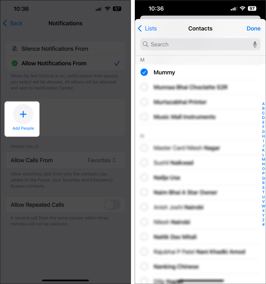 Add People option in Do Not Disturb Focus setting on iPhone to allow notifications from specific people.