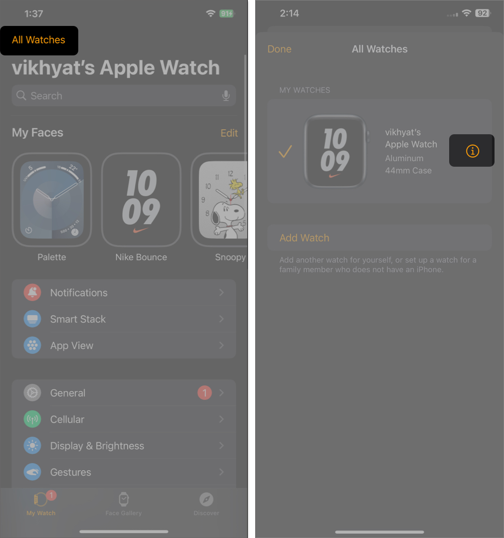 i button to view more details about the paired Apple Watch in the Watch app on an iPhone.