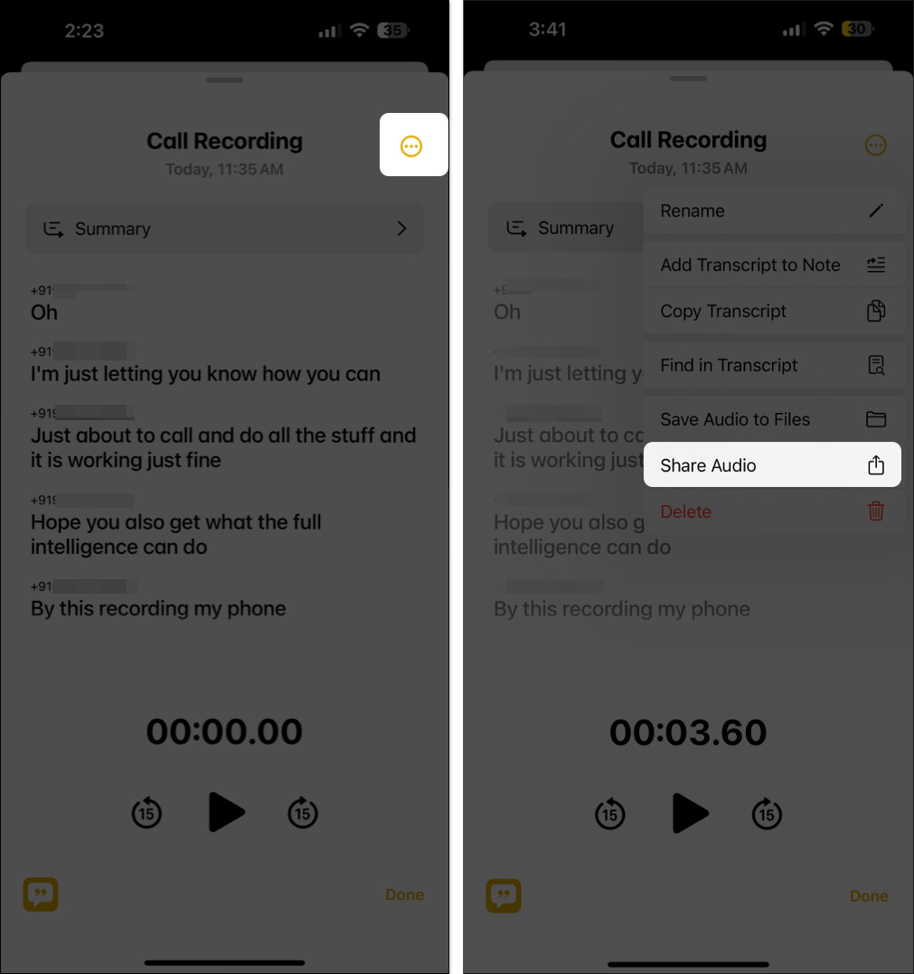 Share options for a recorded call in the Notes app on an iPhone.