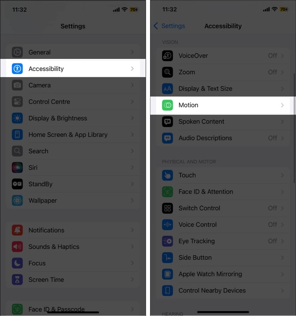 Tap Motion in Accessibility settings on iPhone