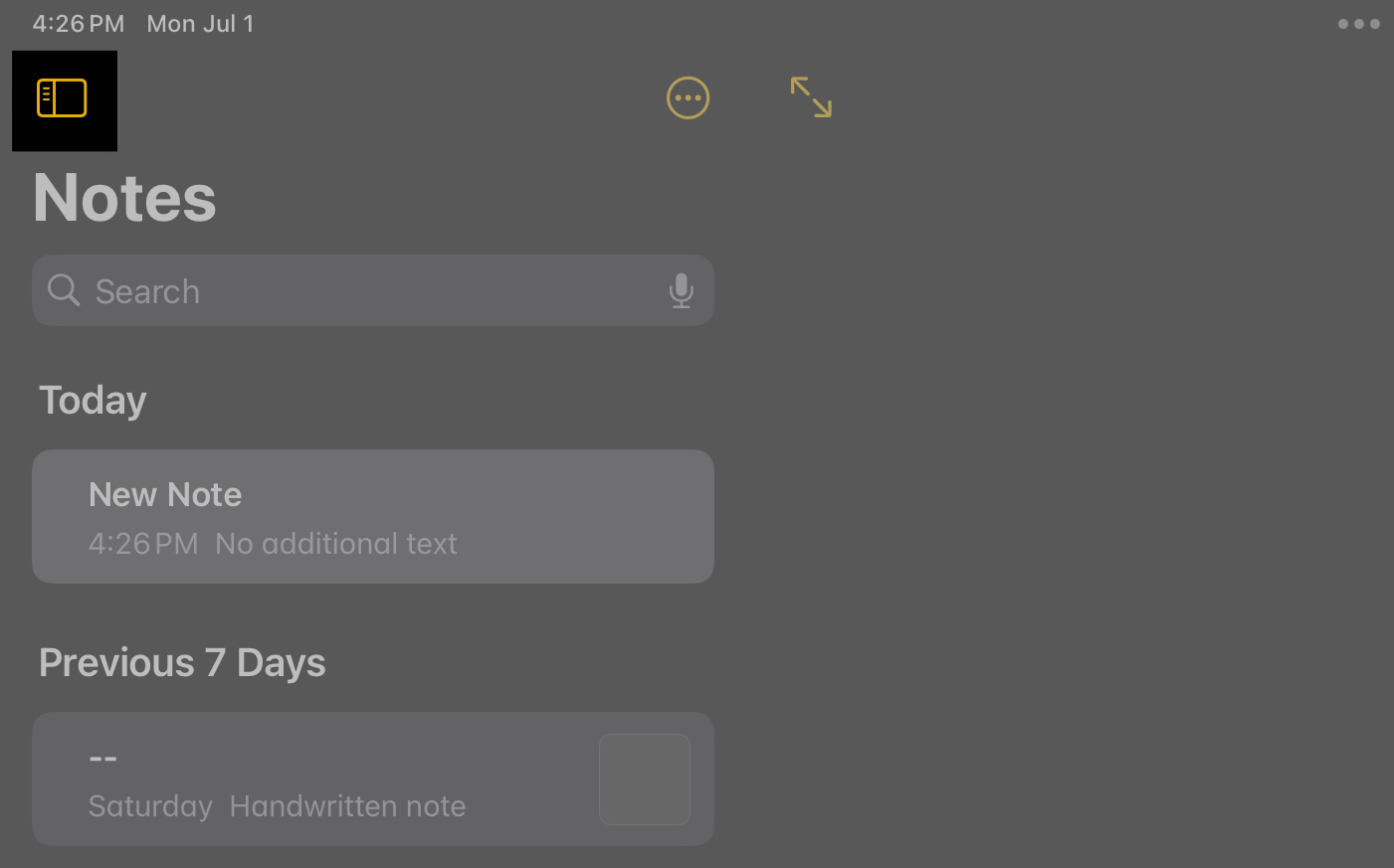 Sidebar icon in Notes app on iPad Notes app.