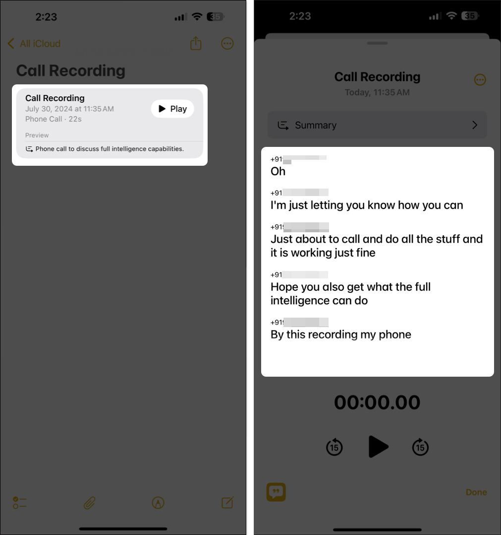 Transcripts for recorded phone calls in the Notes app on an iPhone.