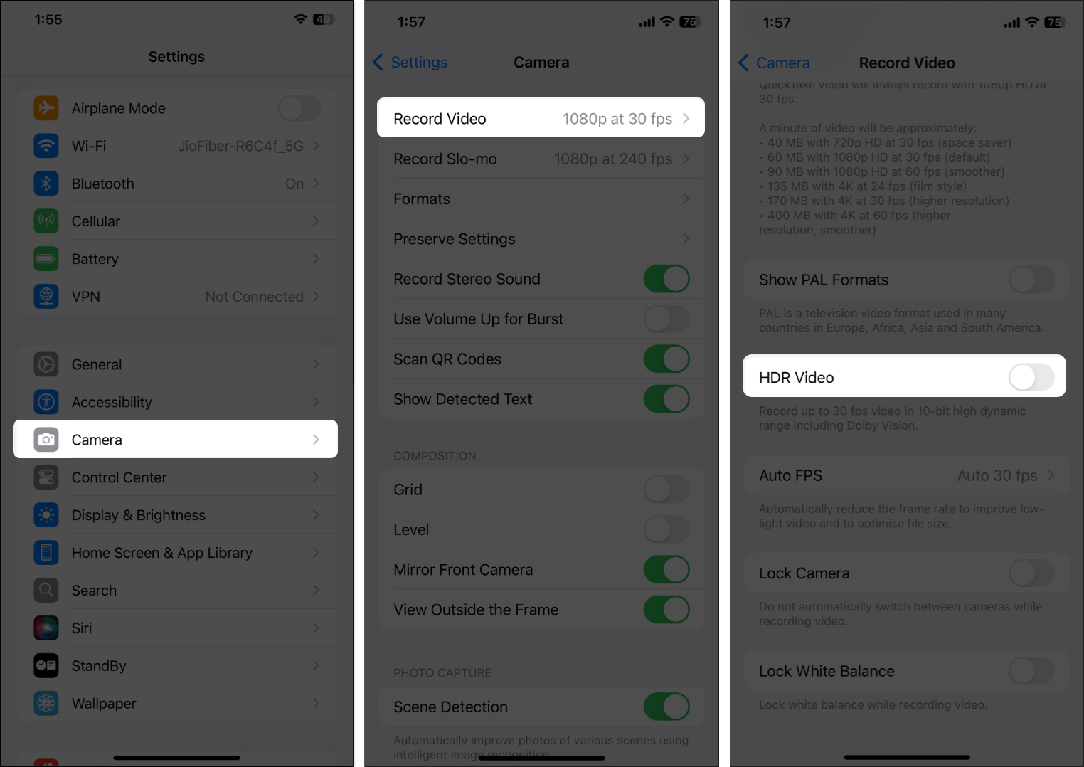 HDR Videos settings for iPhone Camera in Settings app.