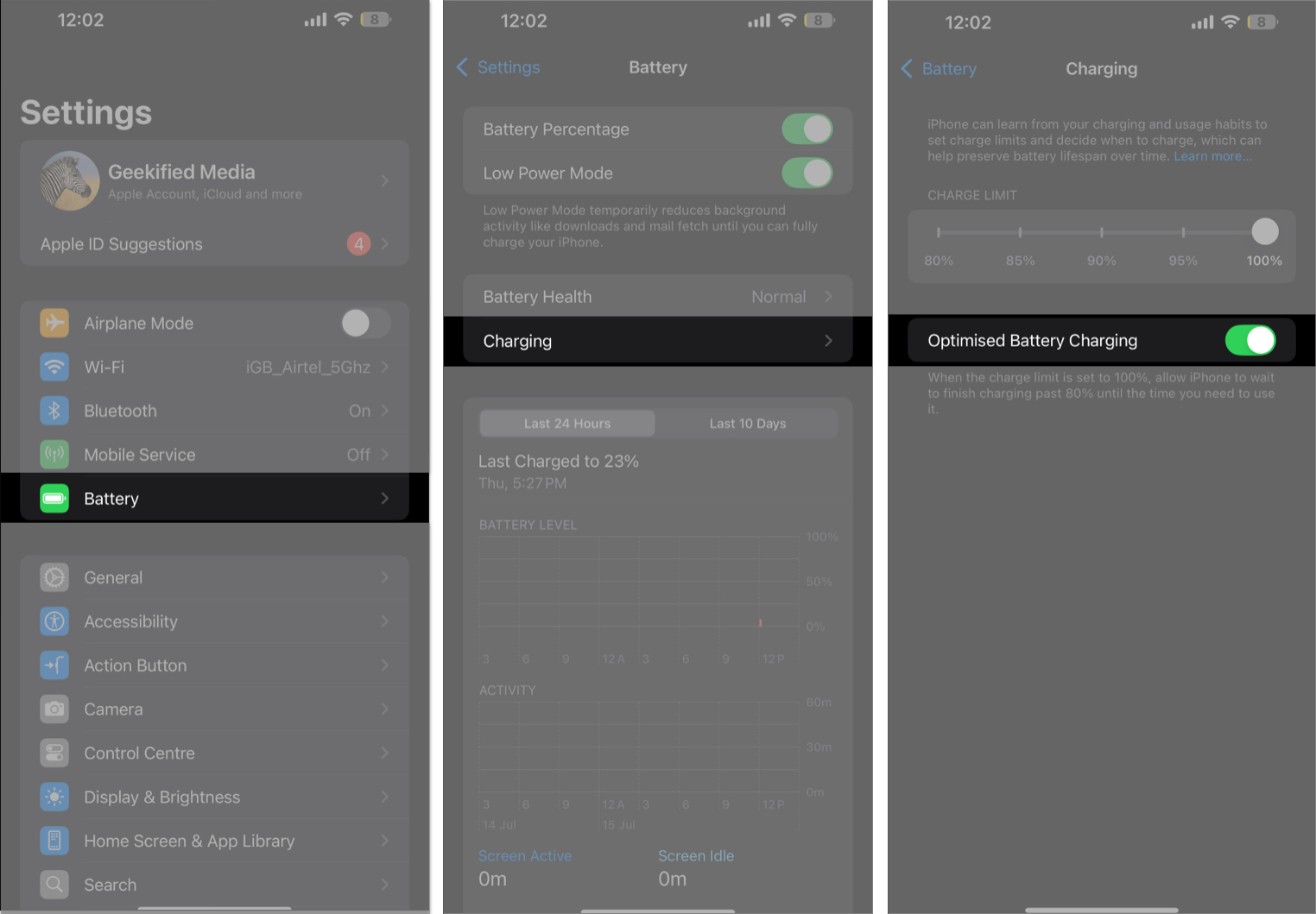 Optimized Battery Charging feature in iPhone Settings.