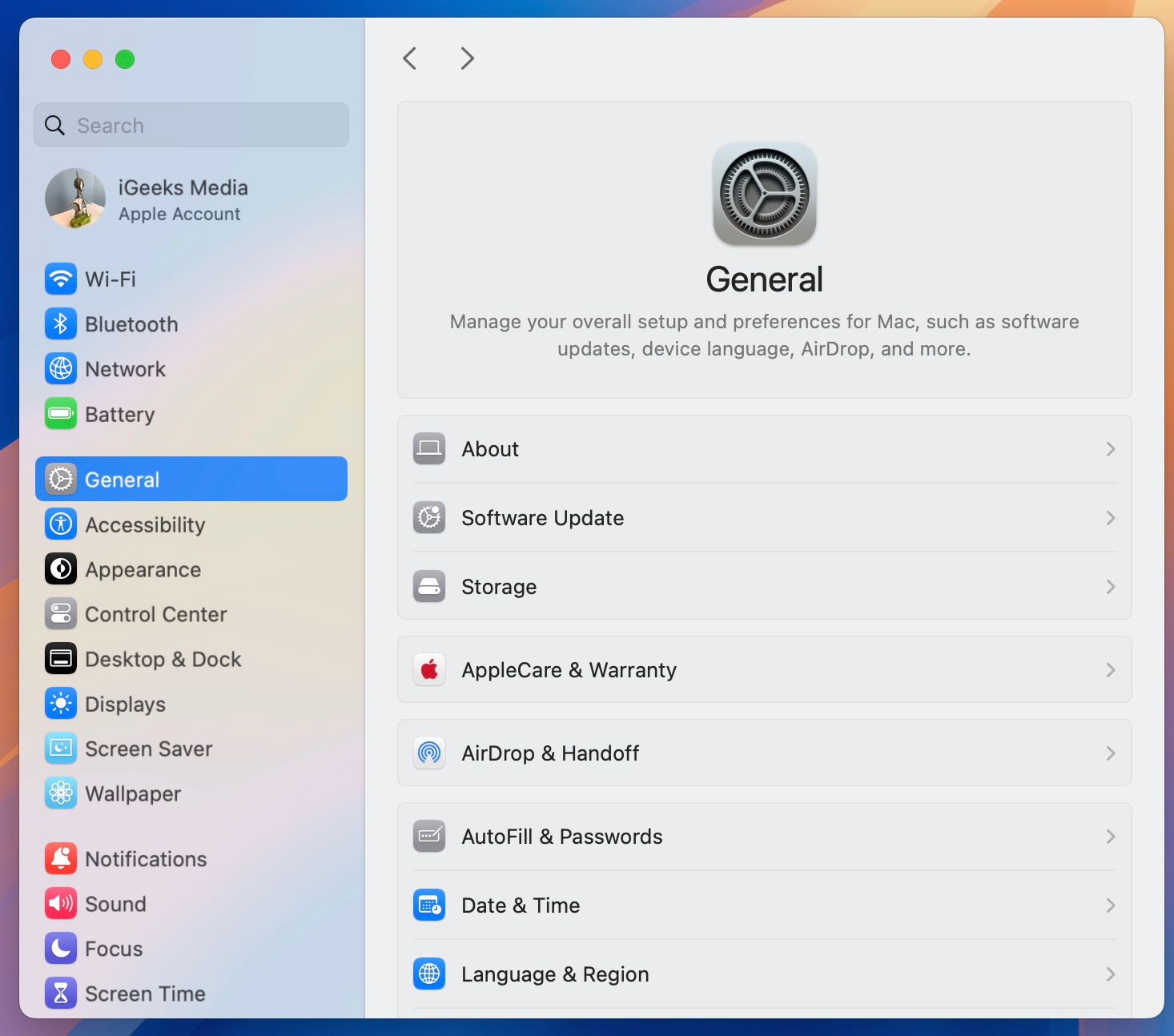 General tab in macOS System Settings apps.