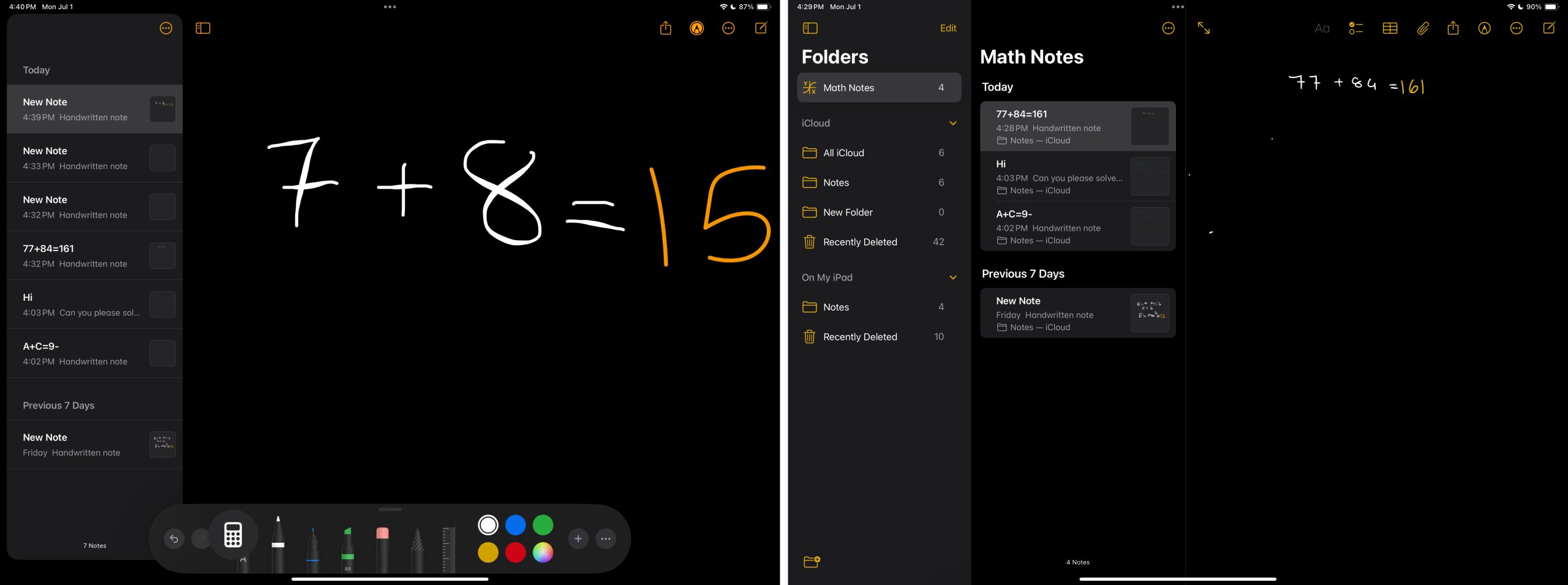 Math Notes folder in the Notes app on iPad.