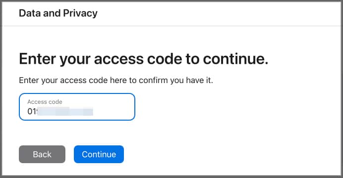 Entering access code for Apple ID deletion