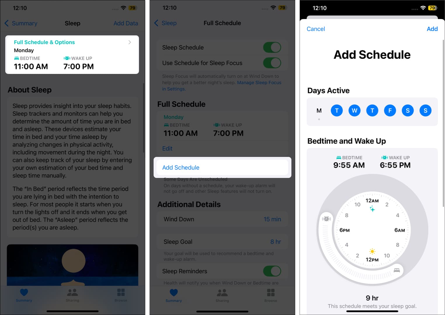 Adding a new Sleep Schedule in the Watch app on an iPhone