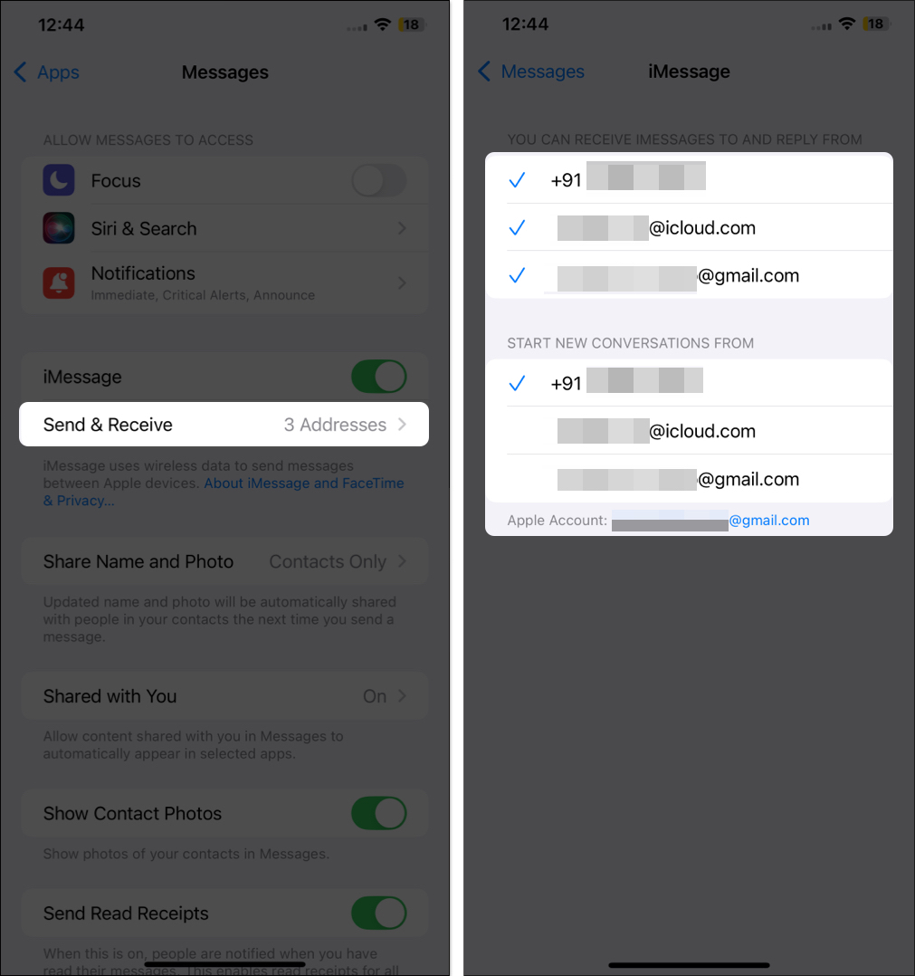 Selecting phone number and email as contact options for iMessage on an iPhone.