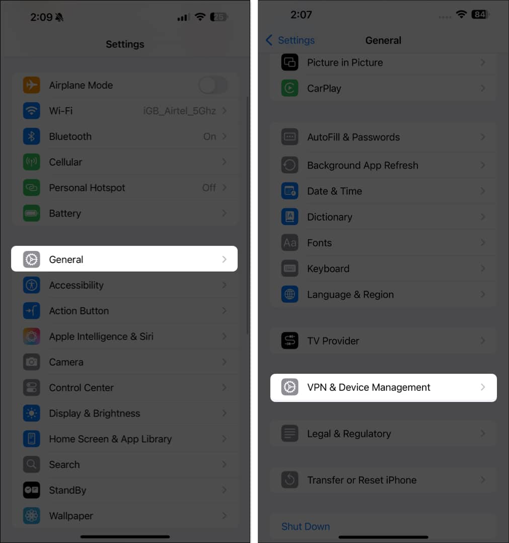 VPN Device Management option under General settings on an iPhone