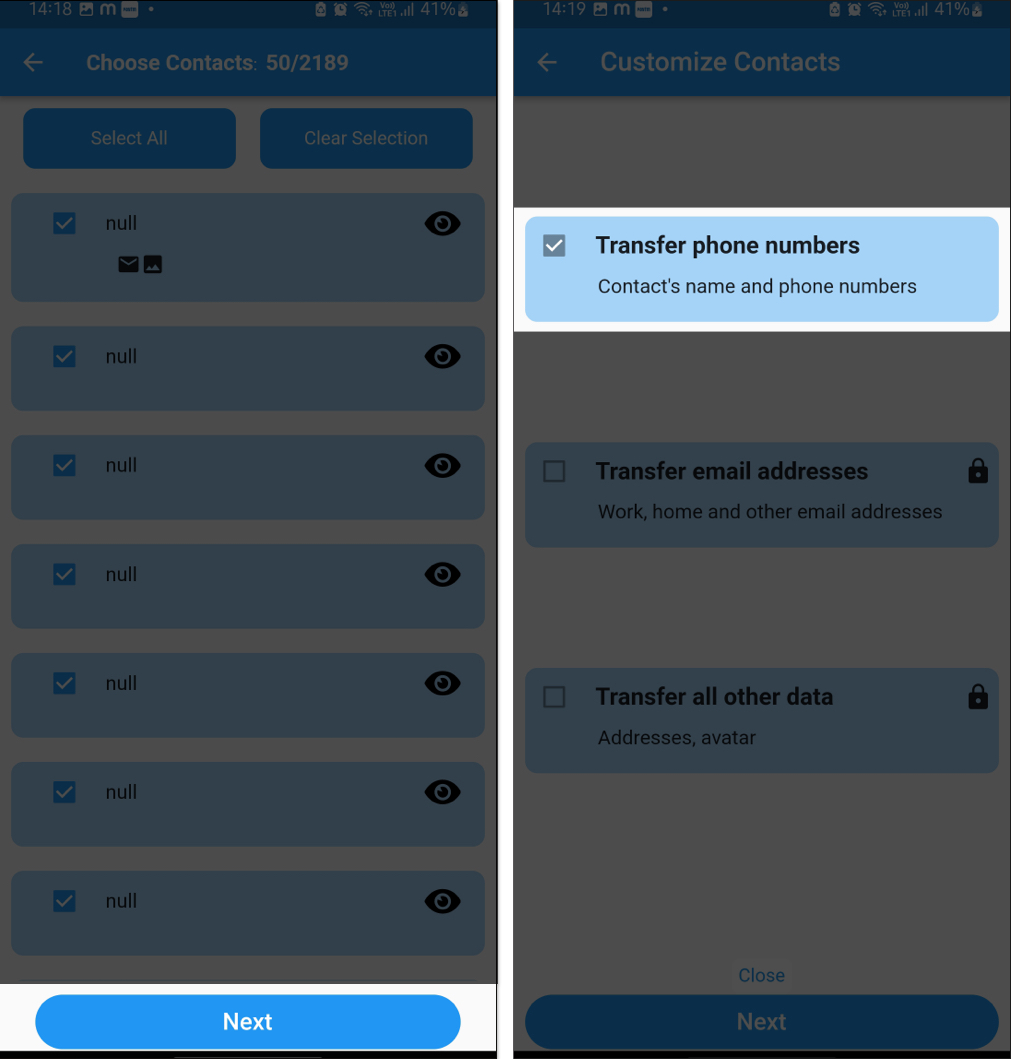 Transferring selected contacts in the Contacts Transfer app on Android.