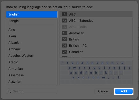 Selecting the language and keyboard layout in macOS System Settings