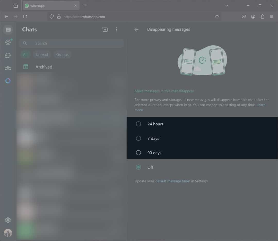 Choose message timer for WhatsApp chat on desktop
