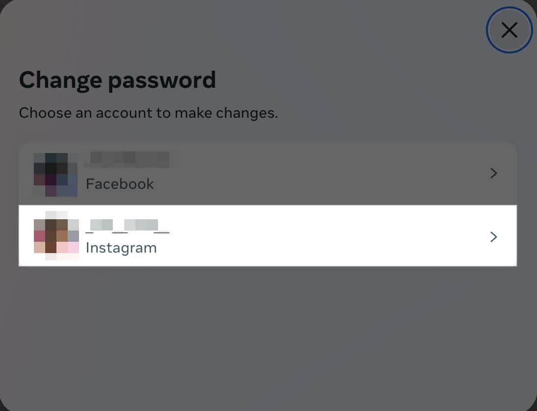 Choosing an Instagram account to change its password on the desktop