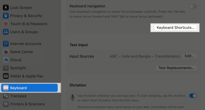 Keyboard Shortcuts option under Keyboard settings on a Mac