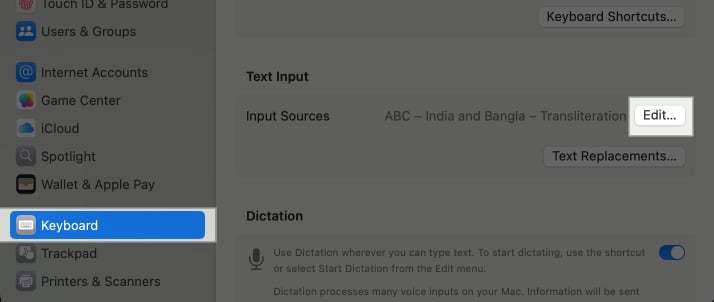 Edit option under the Keyboard settings on the macOS System Settings app