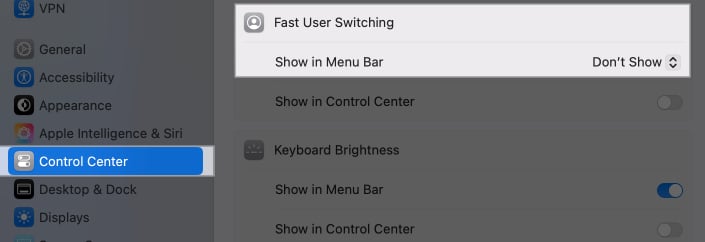 Click on drop down on Show in Menu Bar