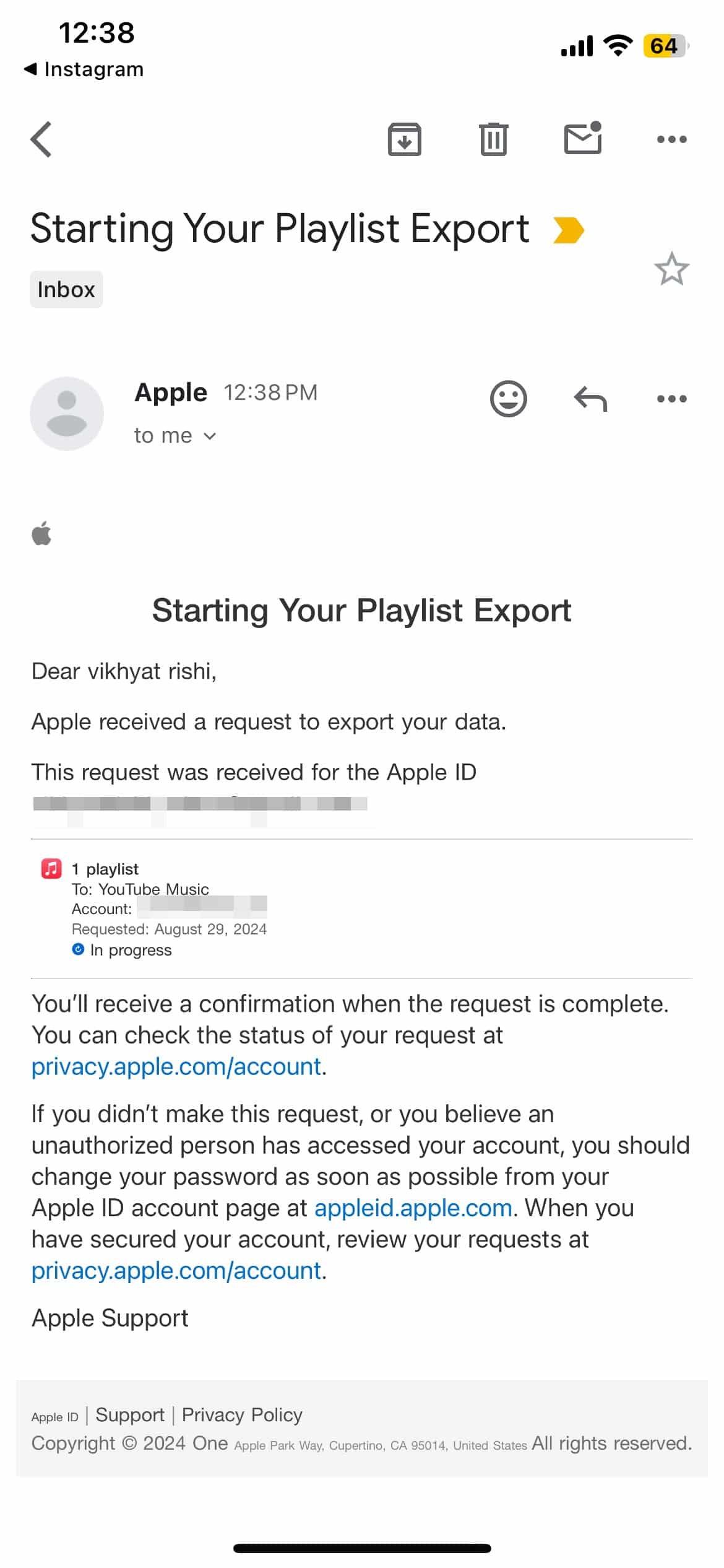 Confirmation email from Apple for the playlist transfer request