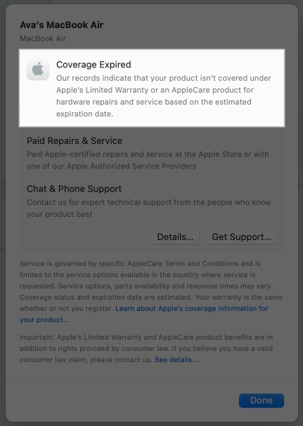 Coverage status for a MacBook in the macOS Settings app