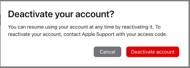 Deactivate Account button to confirm Apple account deactivation