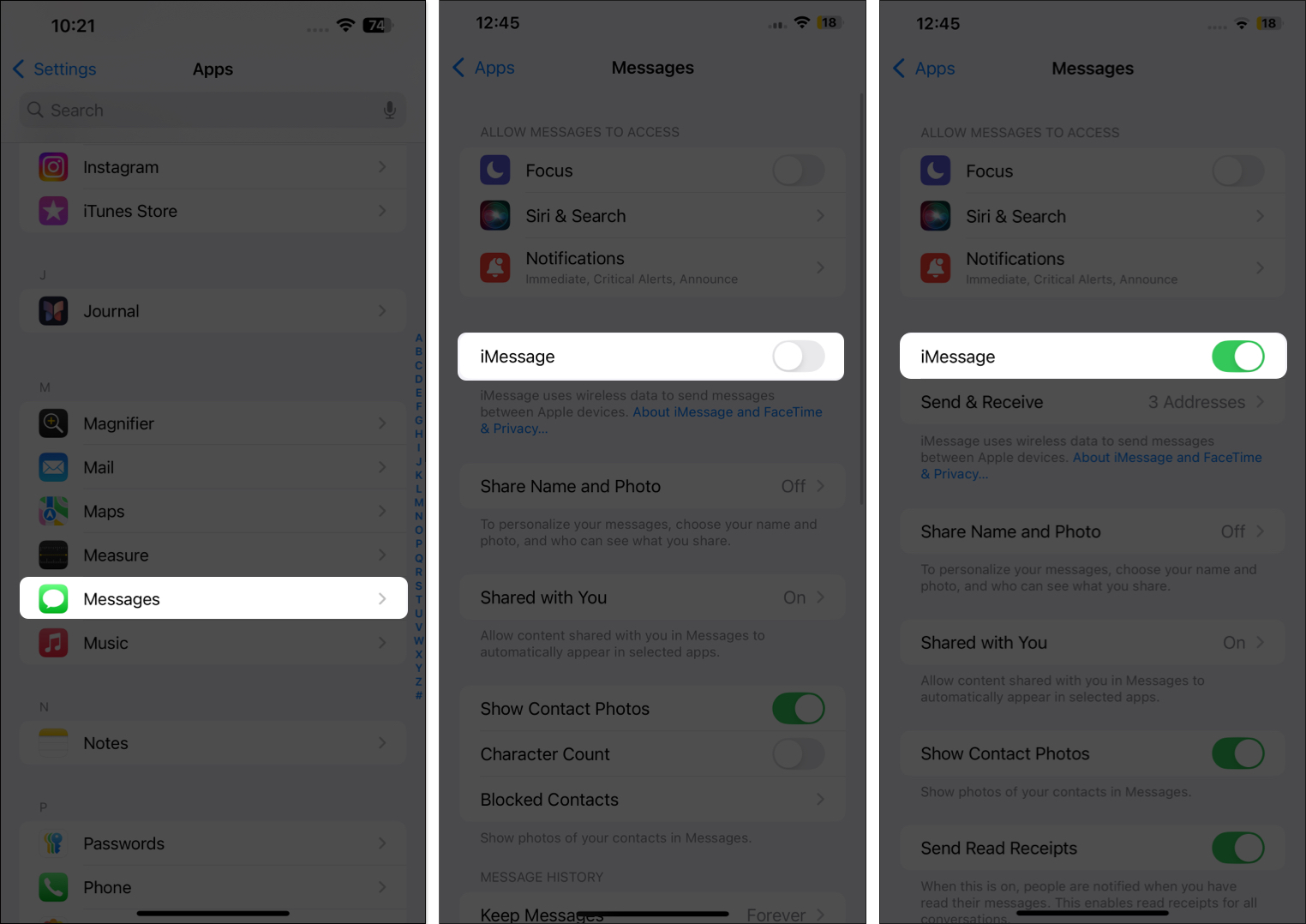 Enabling iMessage in iOS Settings app on an iPhone.