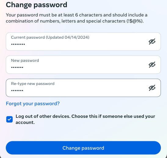 Change Password prompt asking for new Instagram password