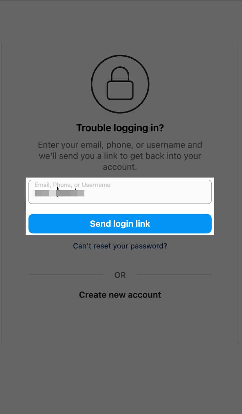 Send Login Link button on the Instagram login page on the desktop