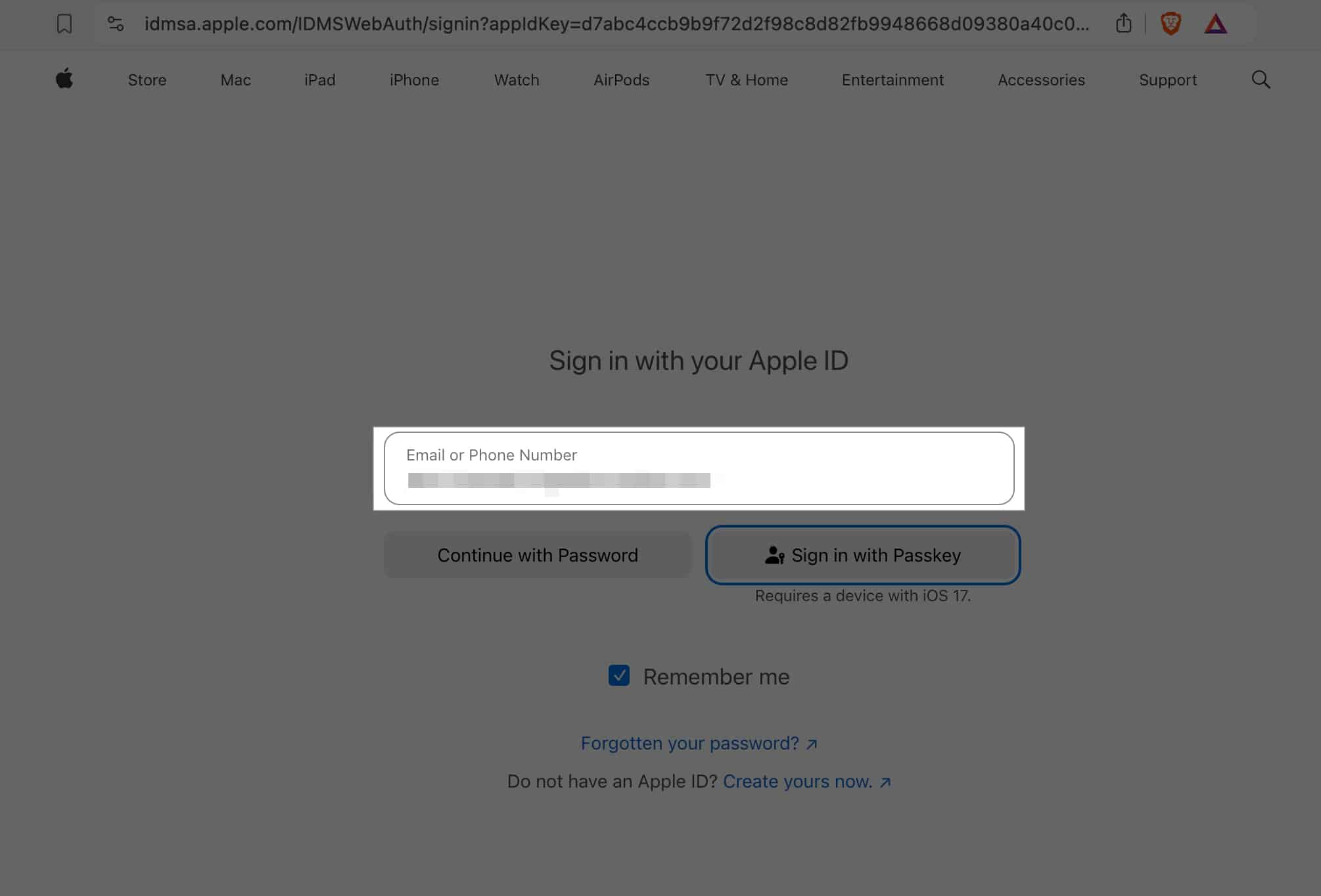 Signing in to Apple's My Support website.