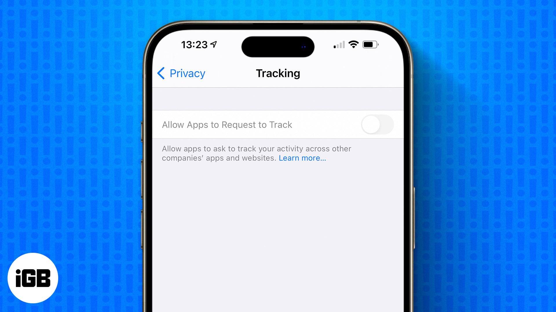 Allow Apps to Request to Track option grayed out in iPhone Settings app.