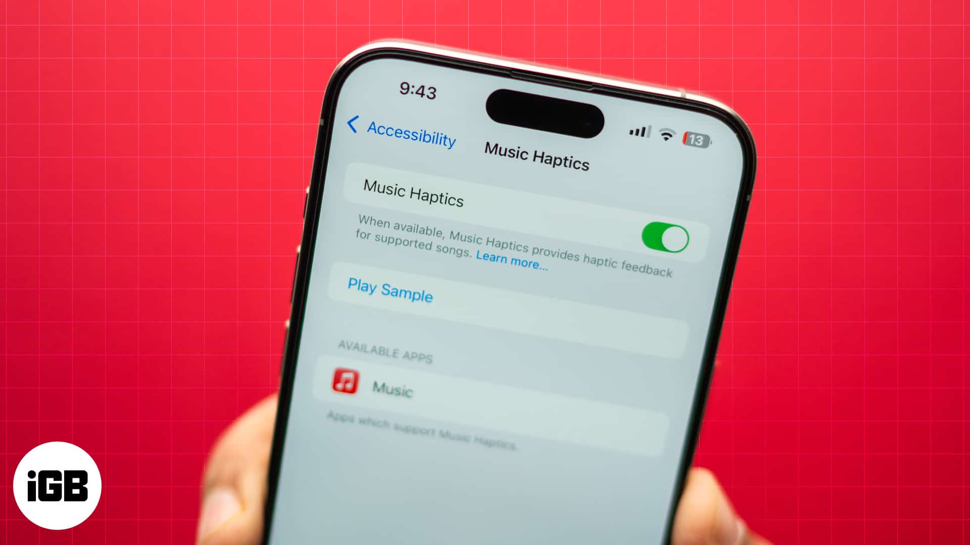 Music Haptics feature page in iPhone Settings app