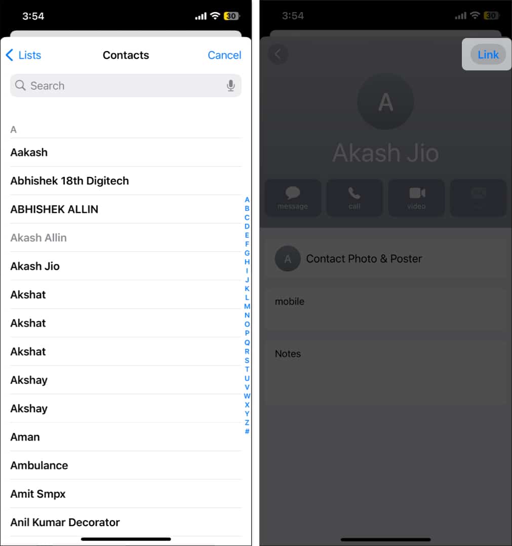 Choosing a contact and linking it with it duplicate in the Contacts app on an iPhone