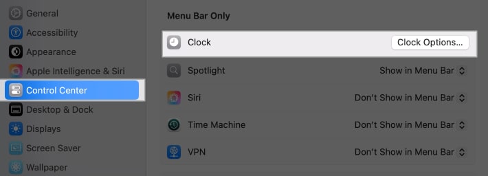 Locate Clock and click Clock Options from Control Center settings