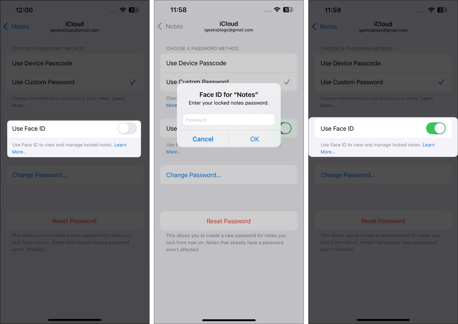 Enabling the Face ID option to lock notes in the Apple Notes app on an iPhone