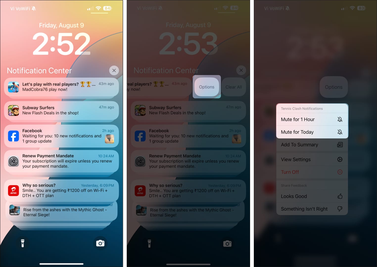 Temporarily muting notifications from an app from the iPhone Lock Screen