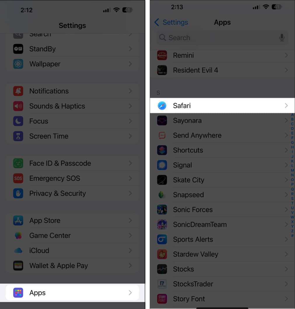 Accessing Safari settings in iOS Settings app